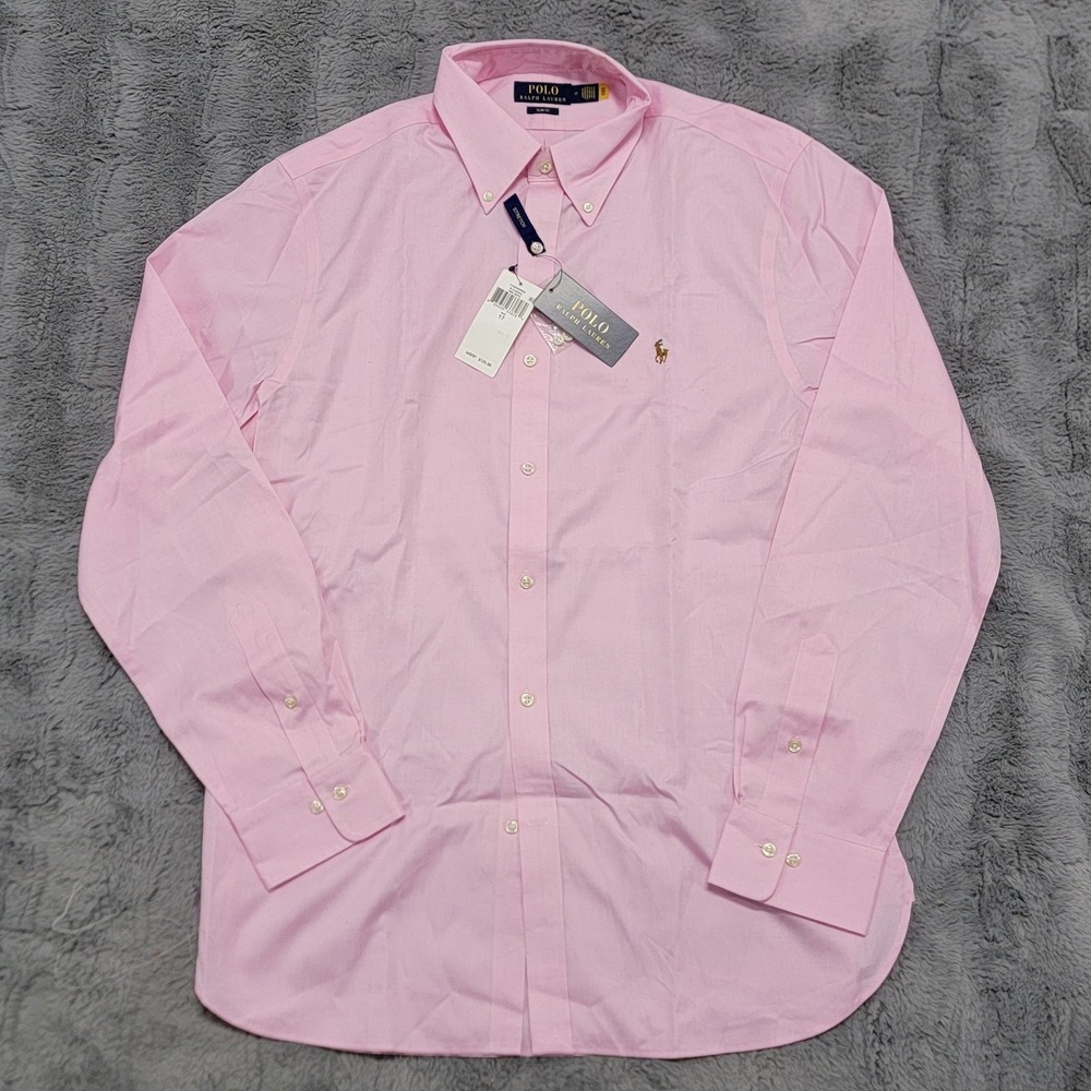 Polo Ralph Lauren Shirt Mens 17 34/35 Pink Slim Oxford Long Sleeve Button Pony